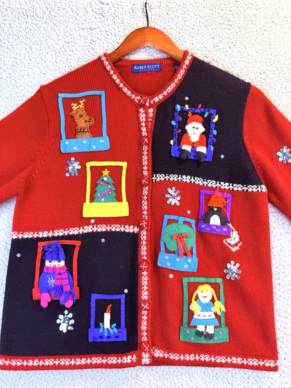 Women's Petites Red Christmas Cardigan Ugly Sweater PM Button Santa Karen Scott
